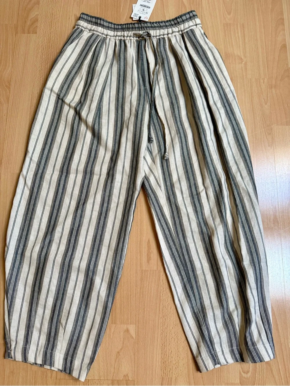 Zara Woman Collection Striped Wide-Leg Linen-Blend Drawstring Pajama Pants NWT